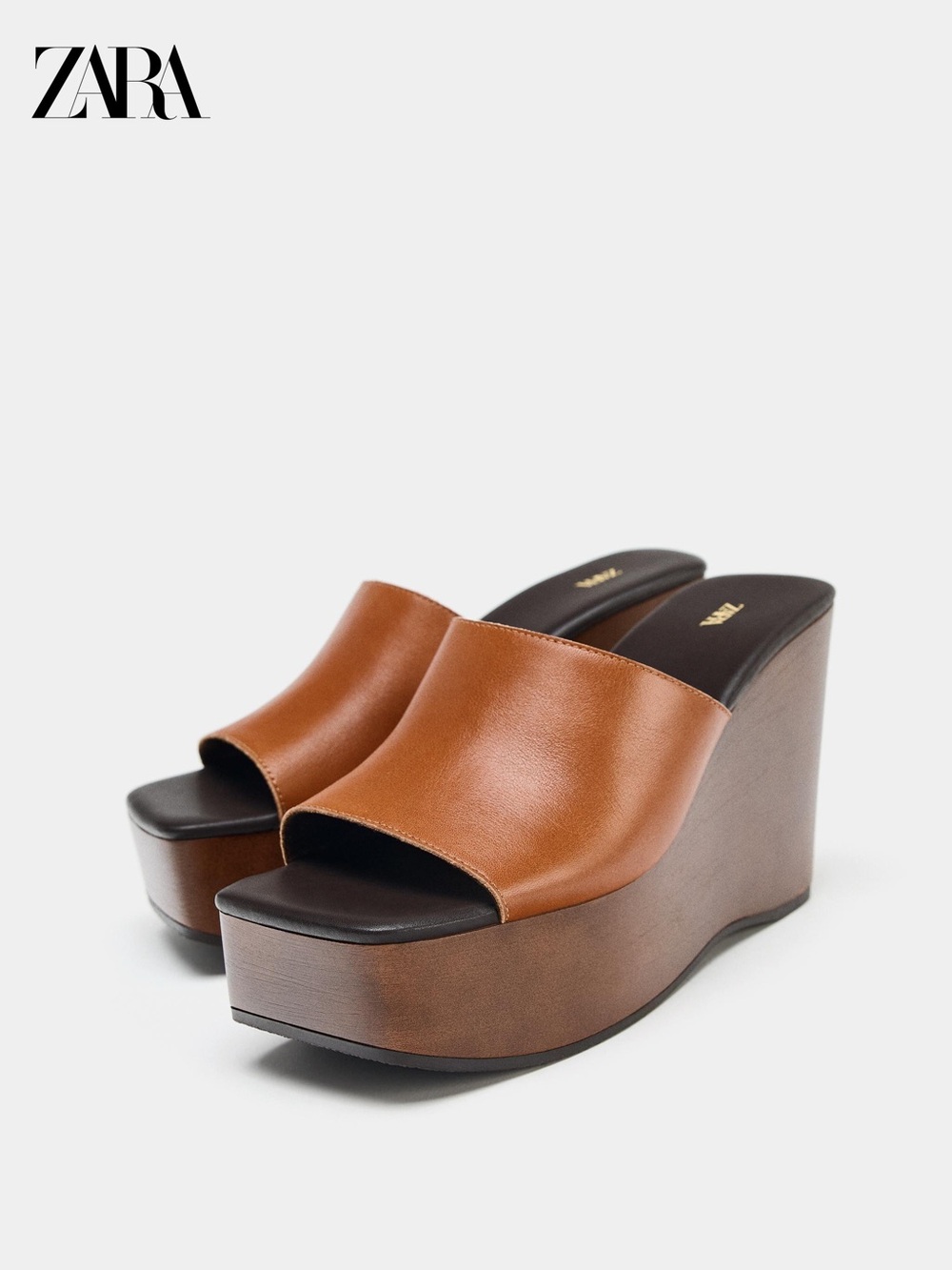 New ZARA Cognac Brown Leather Platform